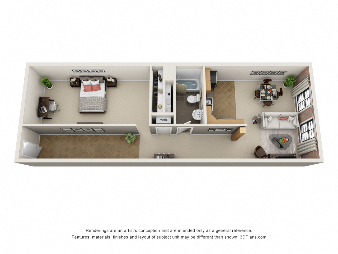Floor plan for 1 bed, 1 bath, 1050 sqft
